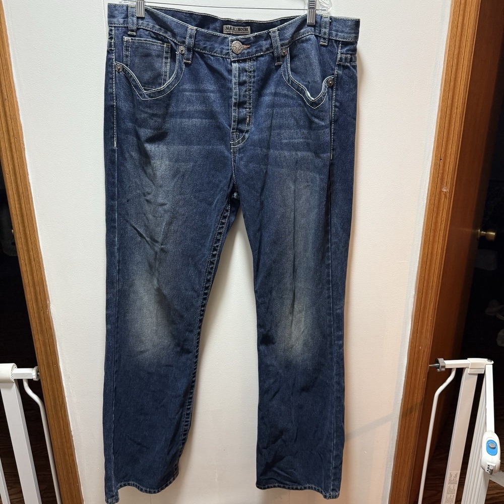 MEK Denim Harrison Boot Cut‎ Jeans Men 40x34 Raw Hem Thick Stitch Embroidered